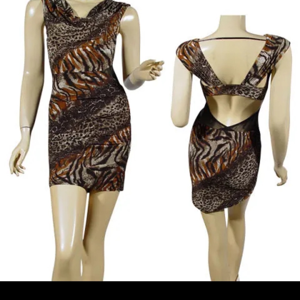 Xtaren Backless Dress with Animal Print - Brown, Black, and Orange